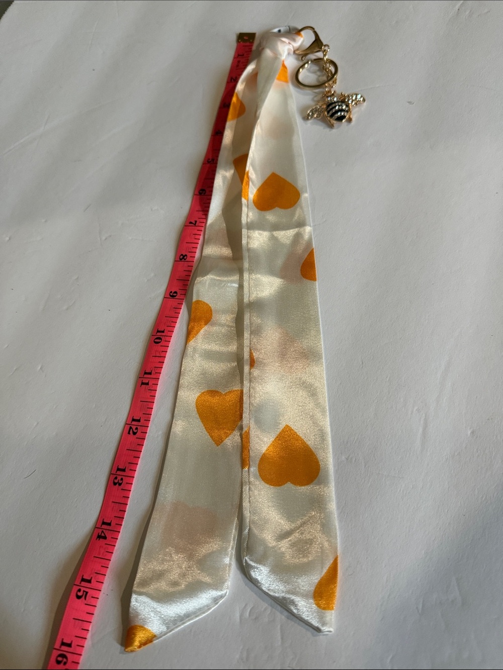 Silky Heart Print Scarf Keychain - White & Orange